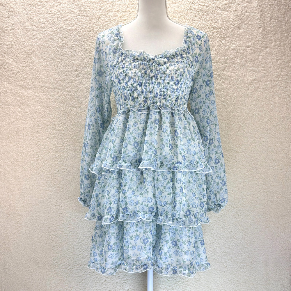 Ultra Flirt Tiered Mini Dress Long-Sleeve Size Large Floral Design Square Neck